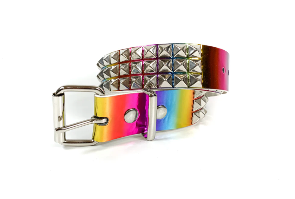 Rainbow Holographic 3-Row Pyramid Studded Belts-Vegan Leather