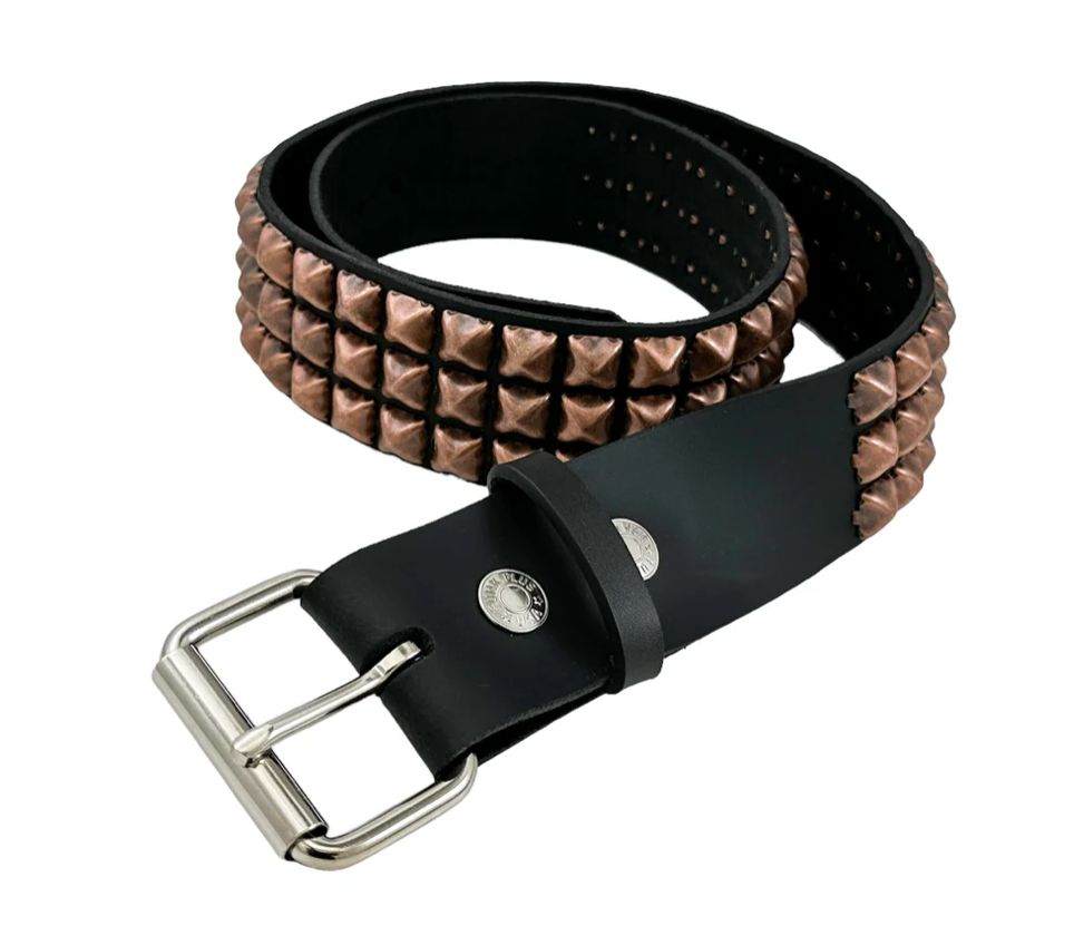 Antique Copper 3-Row Pyramid Studded Belt — Genuine Leather