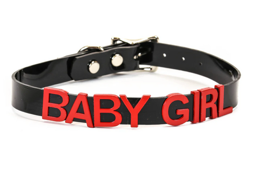 Genuine Leather Red / Black Stainless Steel Fetish Choker — Baby Girl