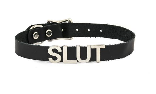 Genuine Leather Silver / Black Stainless Steel Fetish Choker — Slut