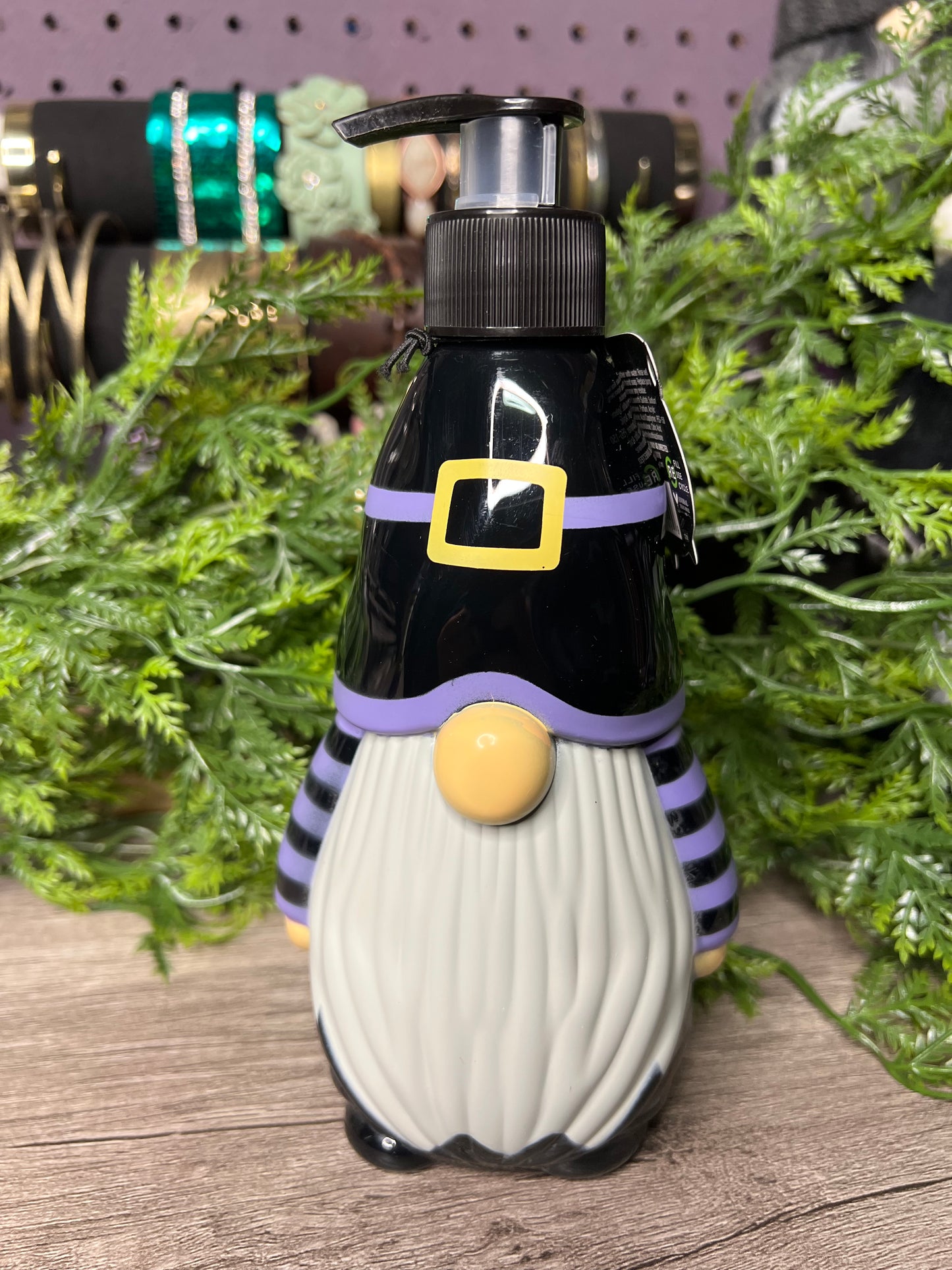 Maison de Base Witches Brew scented hand soap in a gnome dispenser with a striped hat