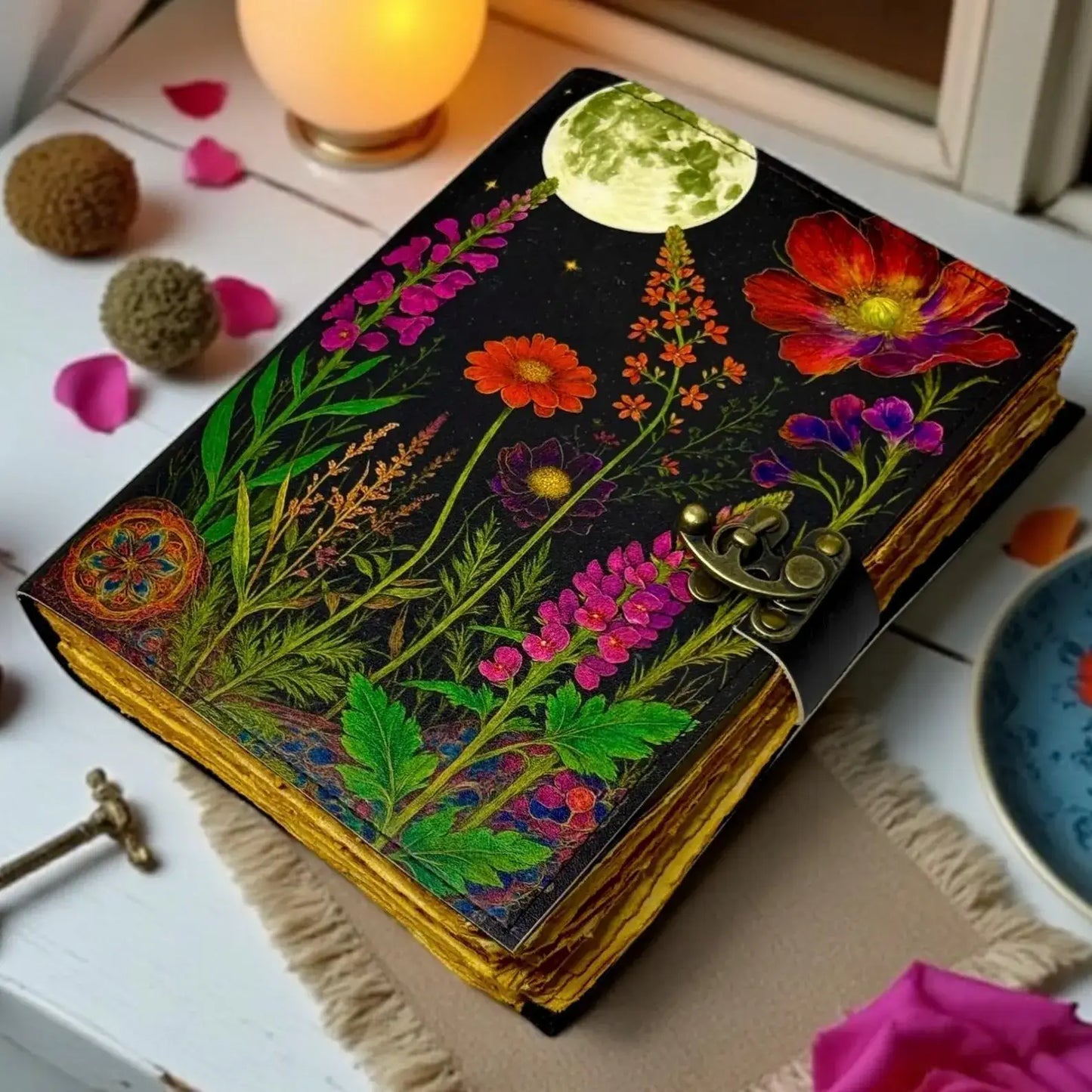 Moonlight Floral Leather Journal Handmade Book of Shadows