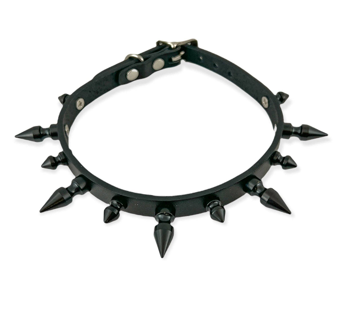 CK136 3/4" BLACK LEATHER CHOKER WITH 1/2" AND 1" SPIKES