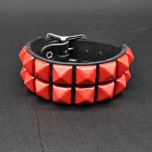 REAL LEATHER BUCKLE BRACELET WITH 2 ROW 1/2" PYRAMIDS