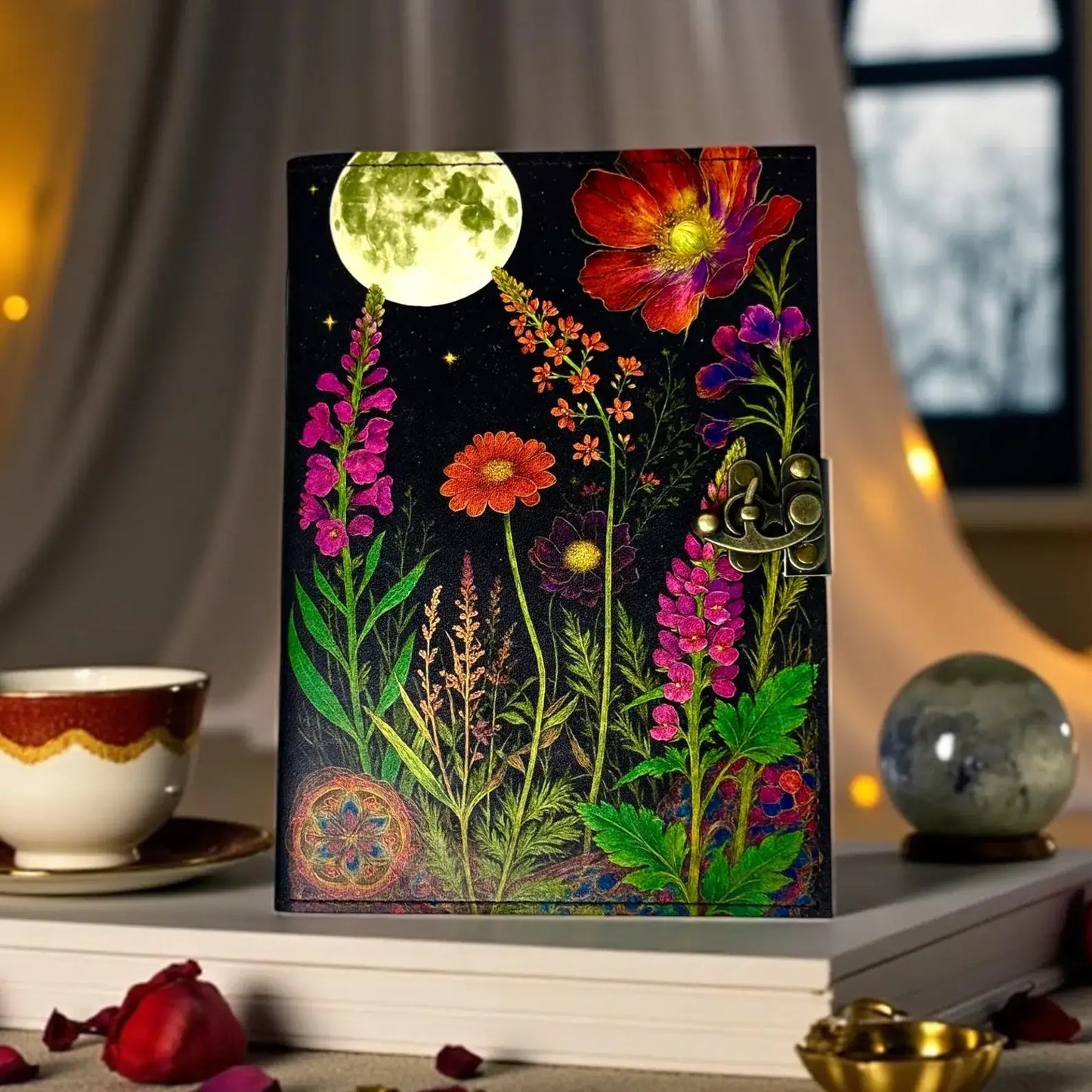 Moonlight Floral Leather Journal Handmade Book of Shadows