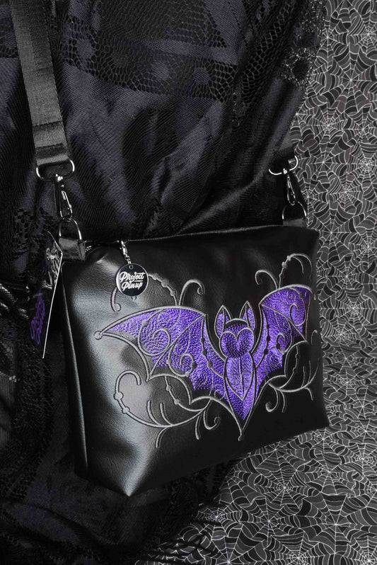 Purple Filigree Bat Medium Crossbody Bag - Gunmetal Hardware, Embroidered Purse, Vegan Leather