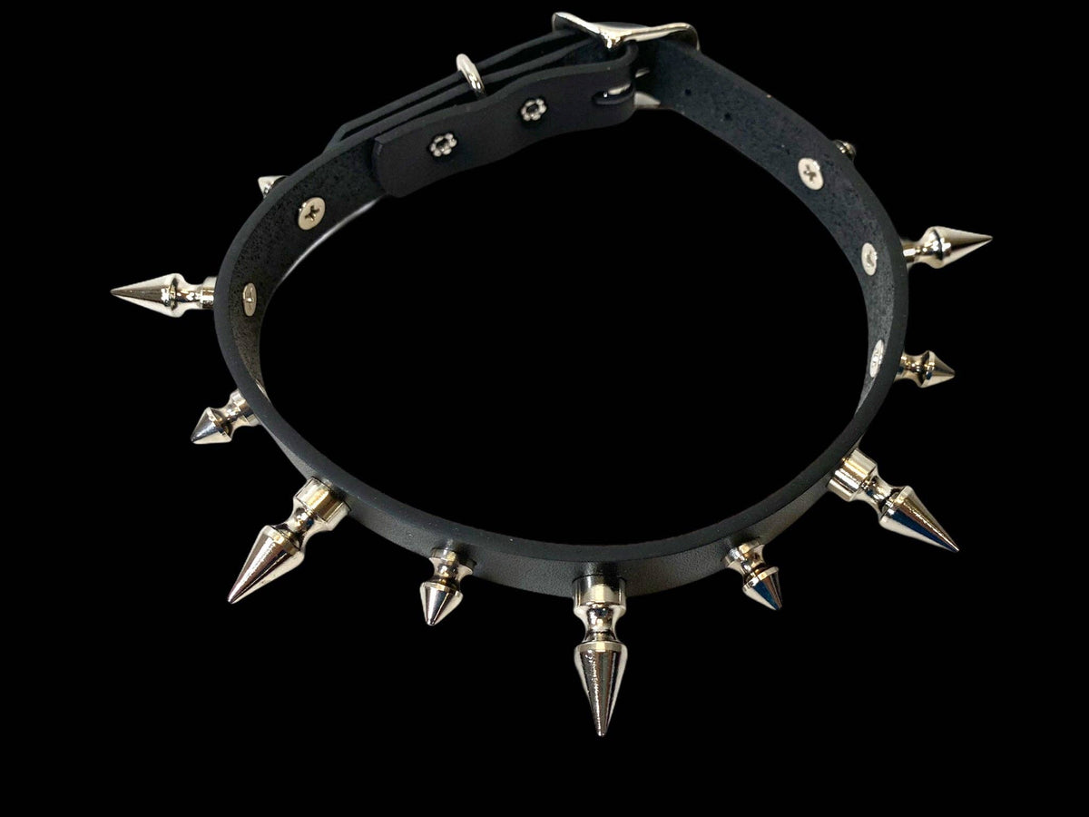 CK136 3/4" BLACK LEATHER CHOKER WITH 1/2" AND 1" SPIKES