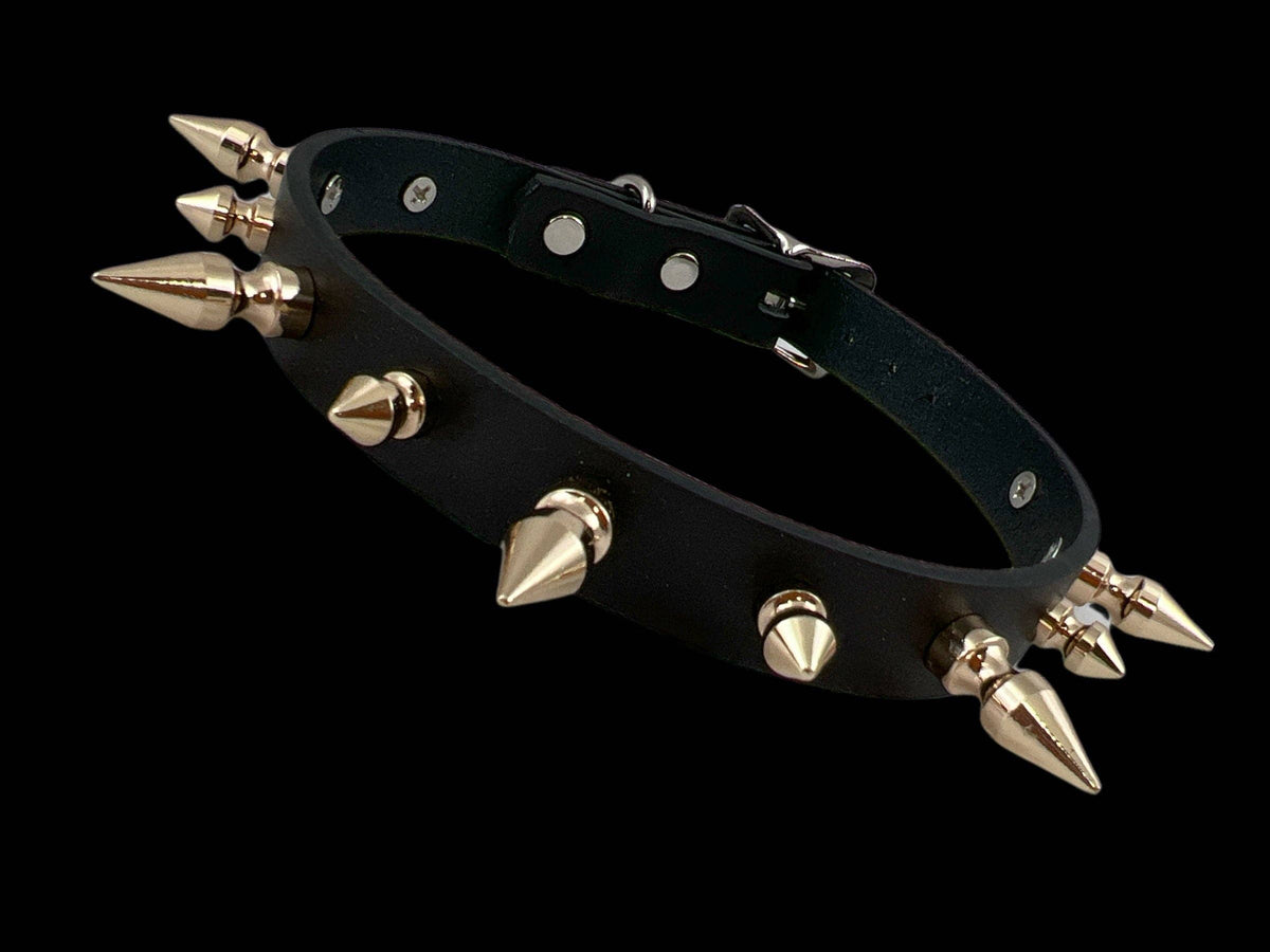 CK136 3/4" BLACK LEATHER CHOKER WITH 1/2" AND 1" SPIKES