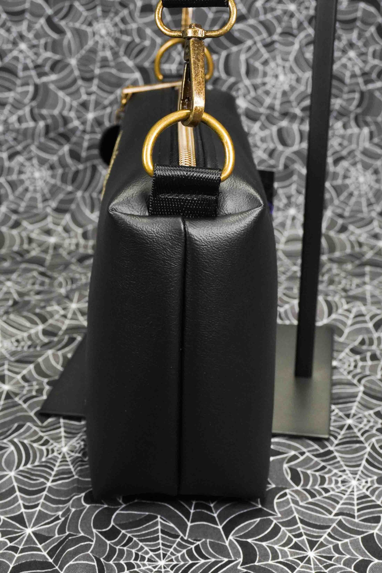 Black and Gold Celestial Cat Small Crossbody Bag – Handmade, Vegan Leather, Gold Embroidery, Brass Hardware