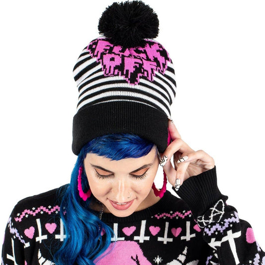 F Off Heart Striped Pom Pom Knit Beanie