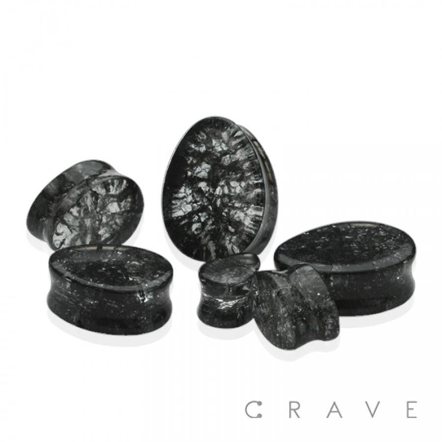 TEAR DROP BLACK DOUBLE FLARED SHATTERED GLASS SADDLE PLUG