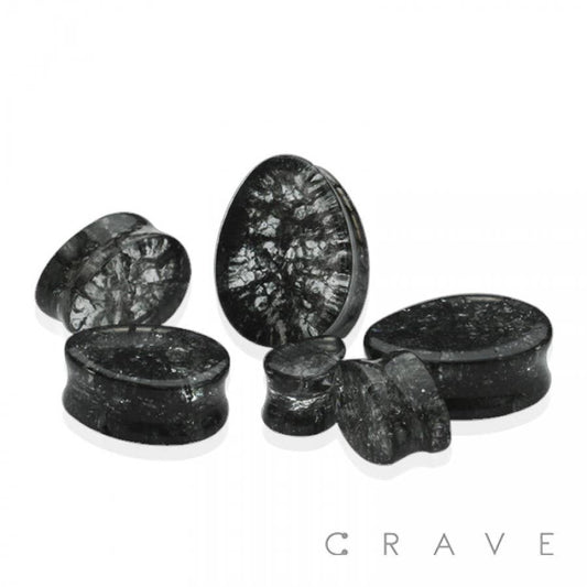 TEAR DROP BLACK DOUBLE FLARED SHATTERED GLASS SADDLE PLUG