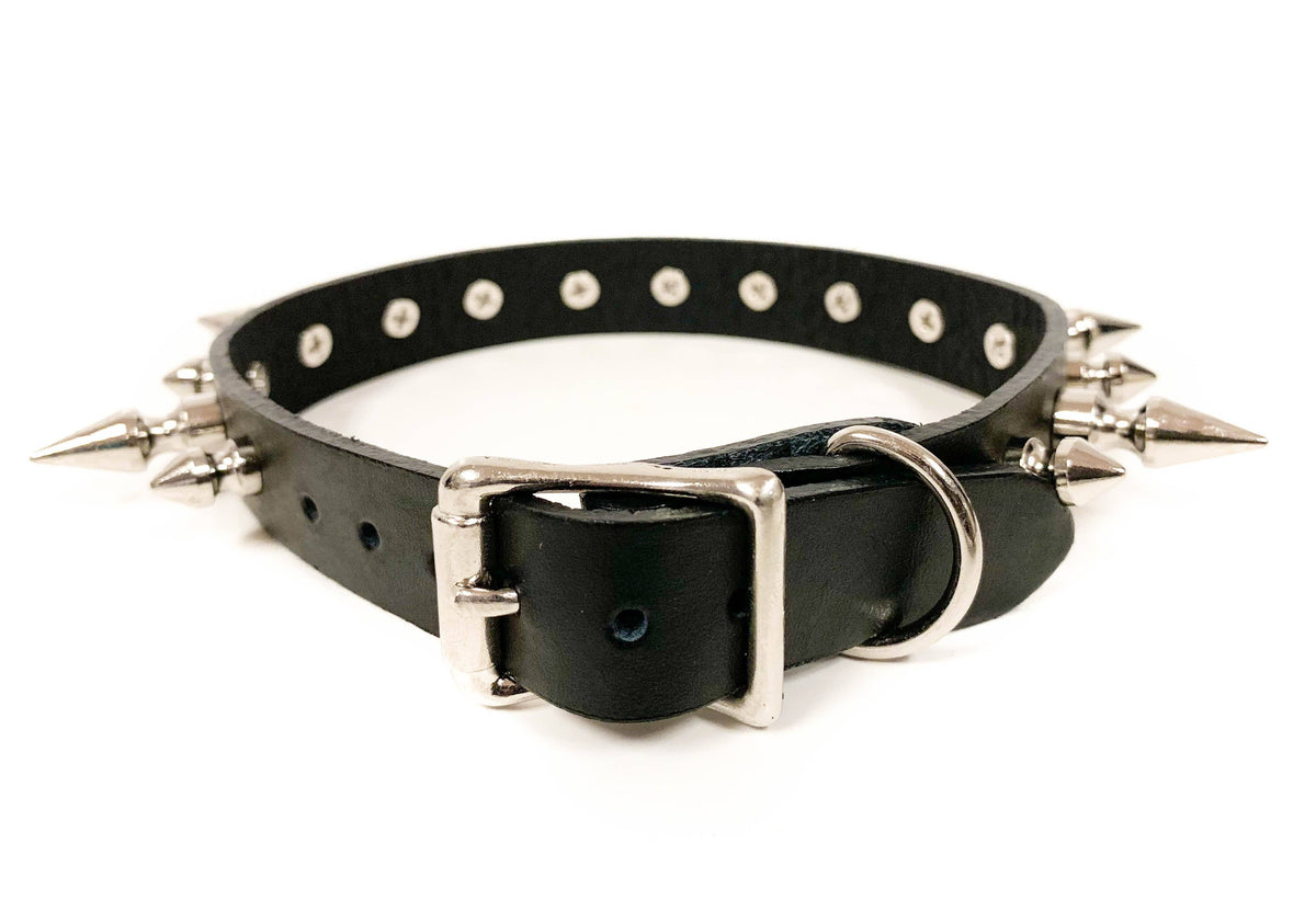 CK136 3/4" BLACK LEATHER CHOKER WITH 1/2" AND 1" SPIKES