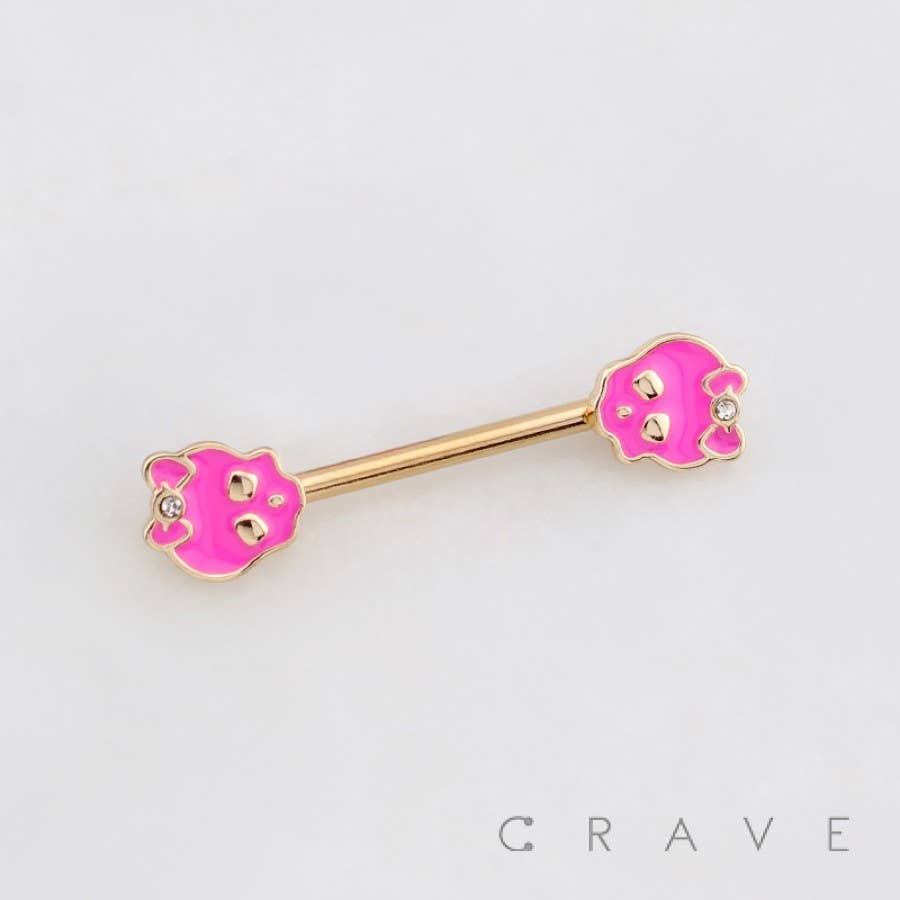 Pink Skull & Bow Nipple Barbell – 14G Surgical Steel