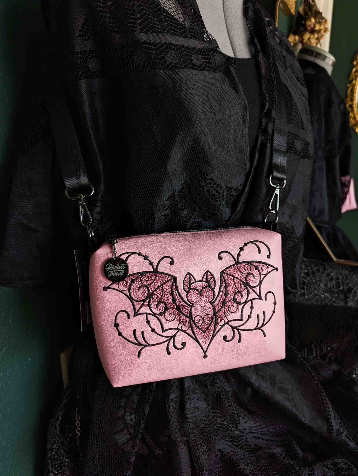 Light Pink Filigree Bat Embroidered Small Crossbody Bag – Handmade, Vegan Leather, Gunmetal Hardware