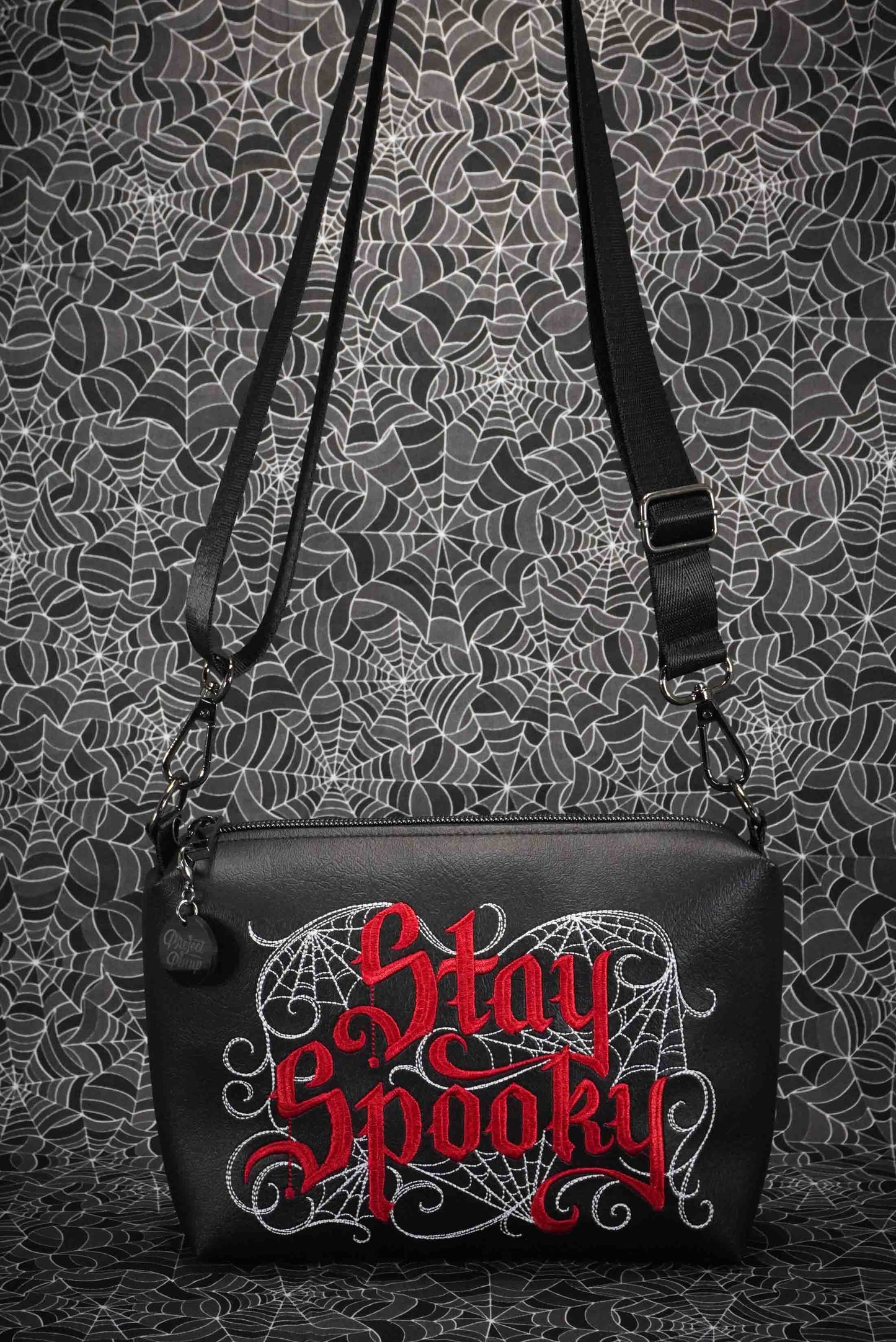 Black and Red Stay Spooky Embroidered Small Crossbody Bag –  Handmade, Vegan Leather, Gunmetal Hardware