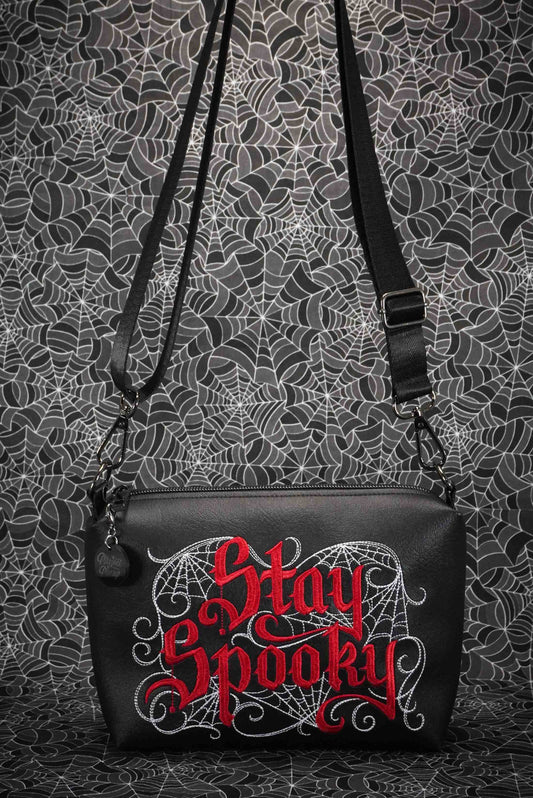 Black and Red Stay Spooky Embroidered Small Crossbody Bag –  Handmade, Vegan Leather, Gunmetal Hardware