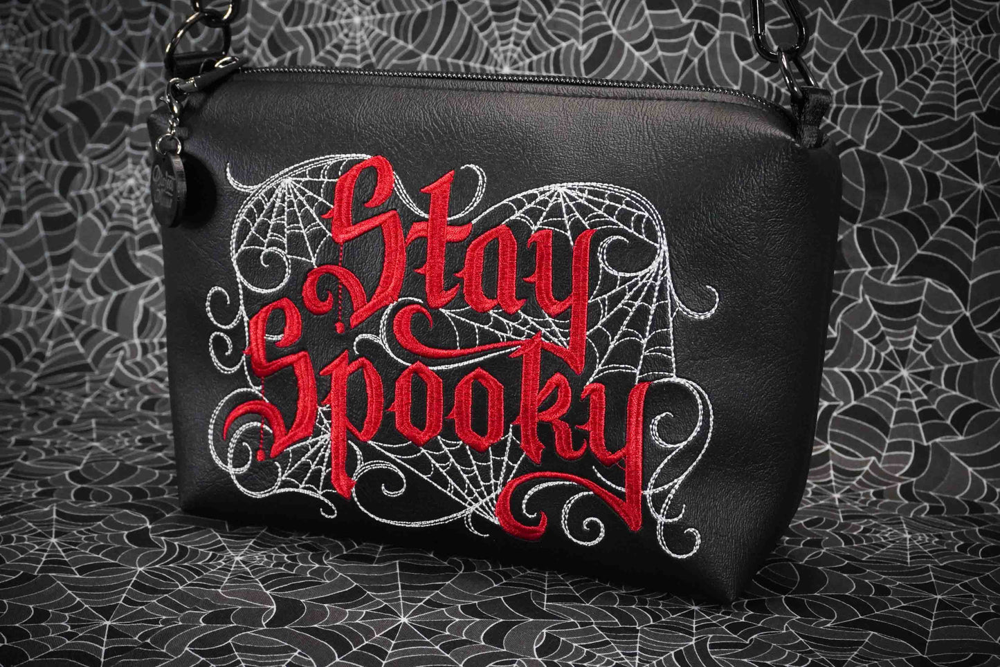 Black and Red Stay Spooky Embroidered Small Crossbody Bag –  Handmade, Vegan Leather, Gunmetal Hardware