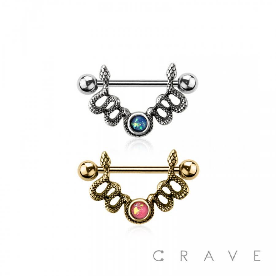 SNAKE NIPPLE RING SHIELD WITH OPAL CENTER 316L SURGICAL STEE
