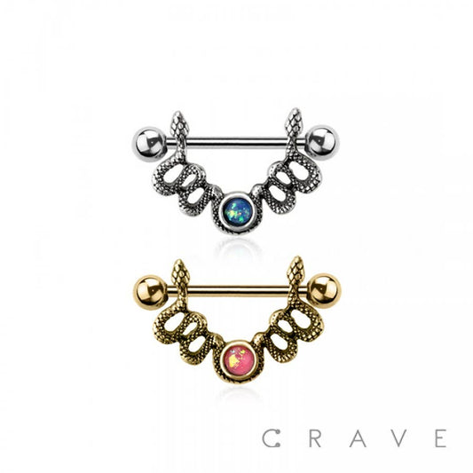 SNAKE NIPPLE RING SHIELD WITH OPAL CENTER 316L SURGICAL STEE