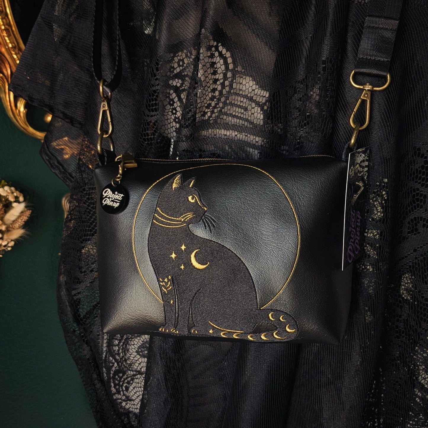 Black and Gold Celestial Cat Small Crossbody Bag – Handmade, Vegan Leather, Gold Embroidery, Brass Hardware