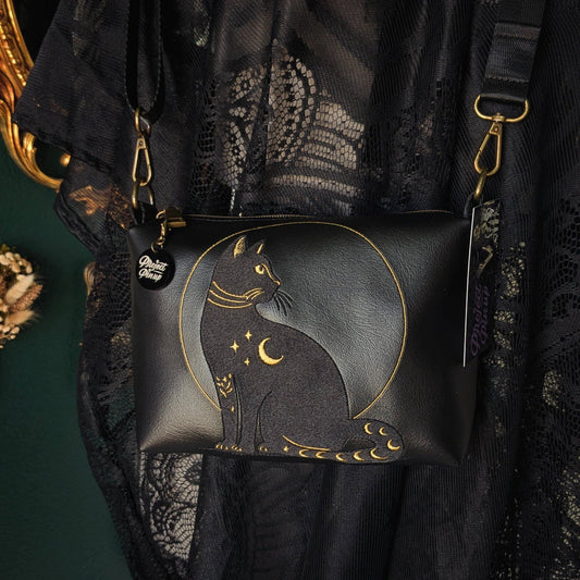 Black and Gold Celestial Cat Small Crossbody Bag – Handmade, Vegan Leather, Gold Embroidery, Brass Hardware