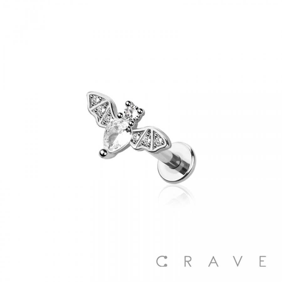BAT WITH GEM INTERNALLY THREADED 316L SURGICAL STEEL LABRET