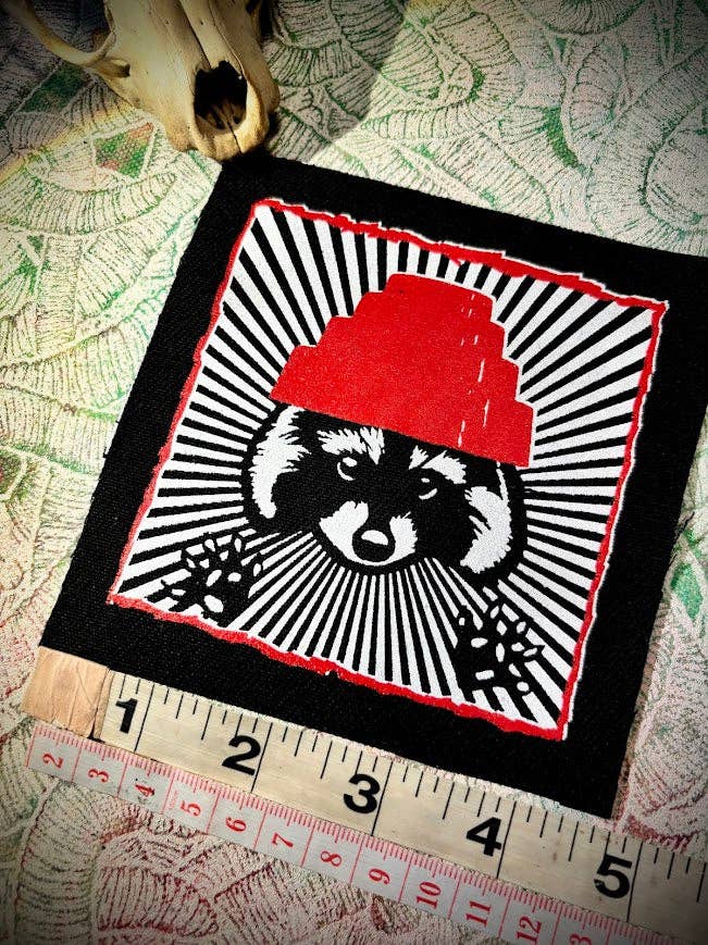 Are We not Trashy? Raccoon with a Devo hat patch.