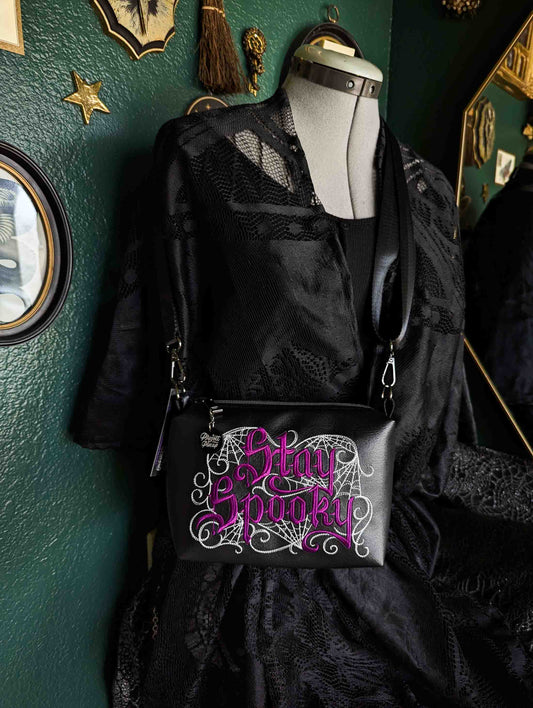 Black and Wine Stay Spooky Embroidered Small Crossbody Bag –  Handmade, Vegan Leather, Gunmetal Hardware