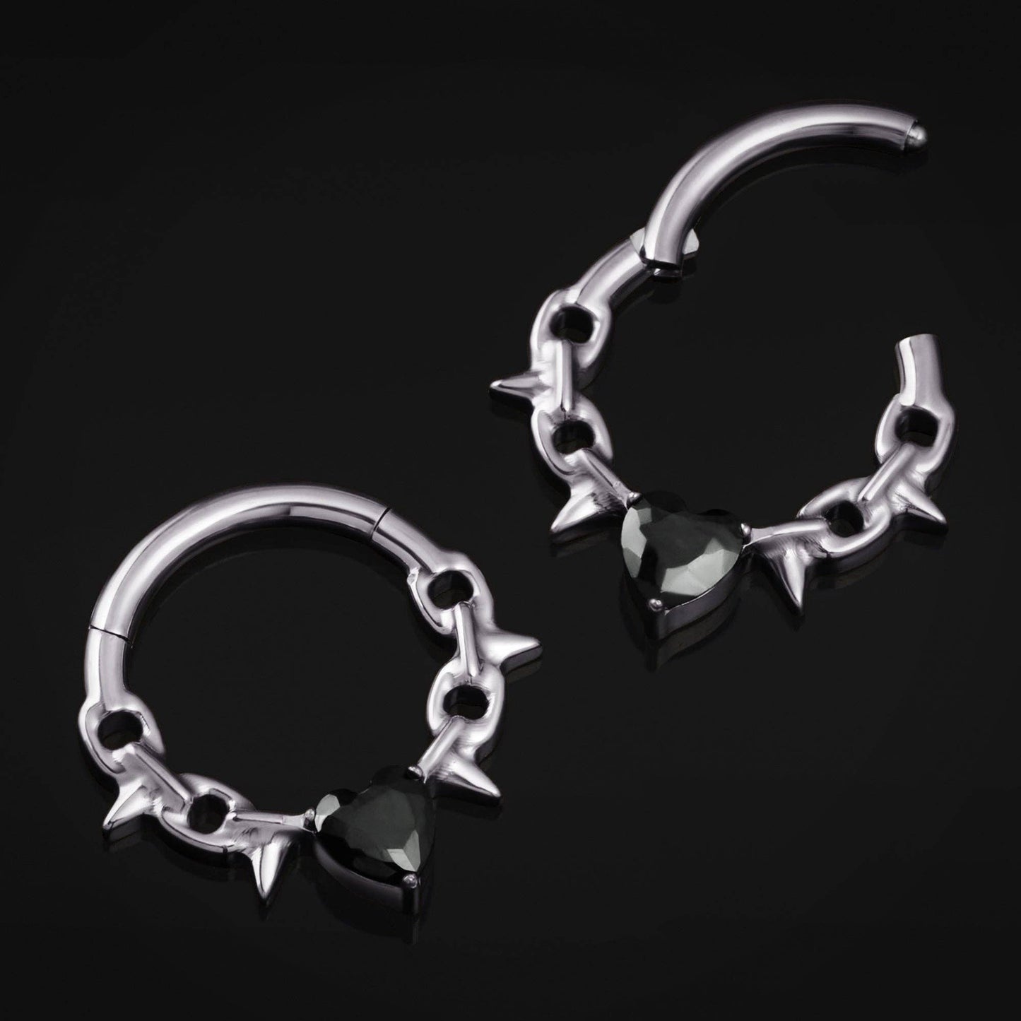 Septum Clicker, Silver Spiked Chain, Black Jewelled Heart, ASTM F136 Titanium
