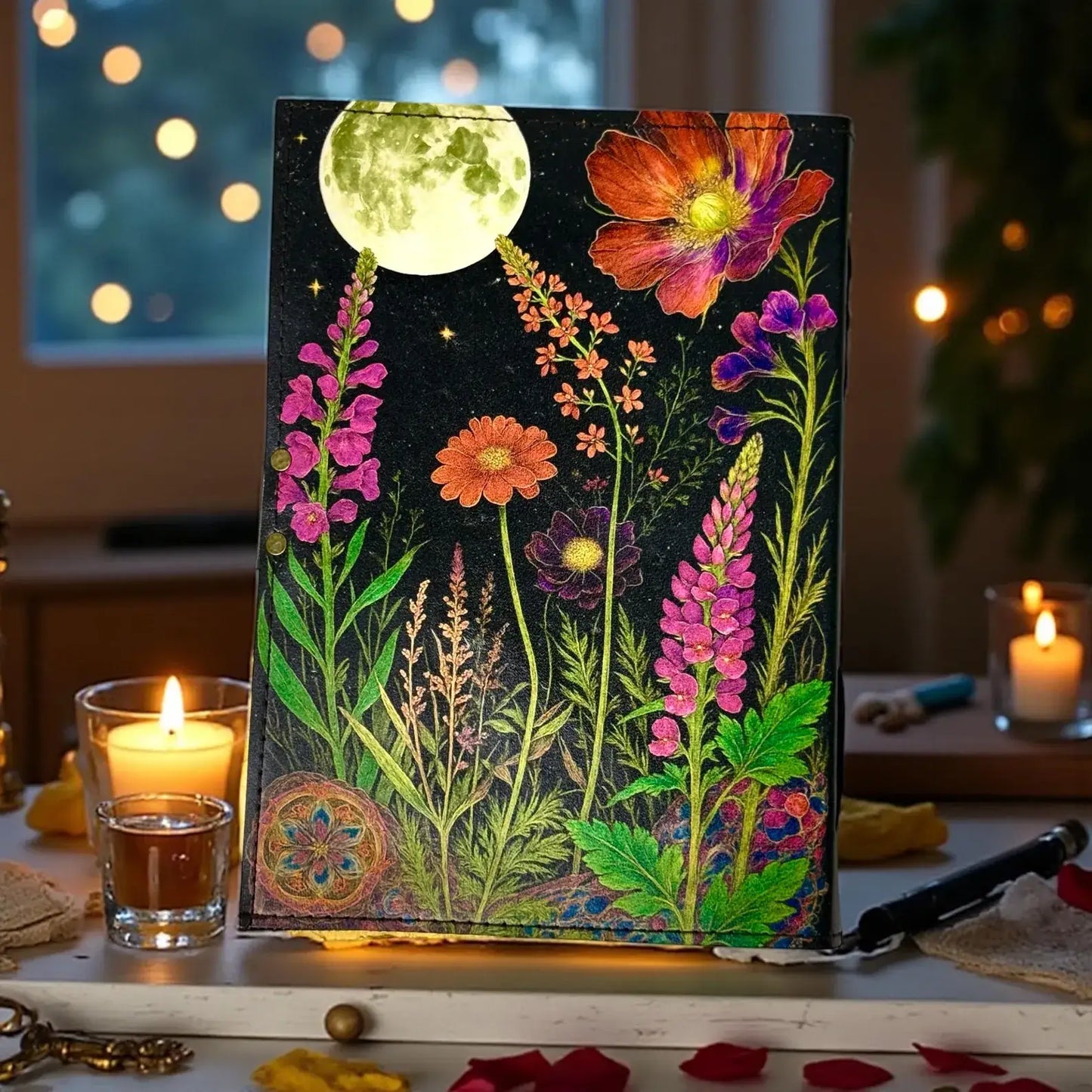 Moonlight Floral Leather Journal Handmade Book of Shadows