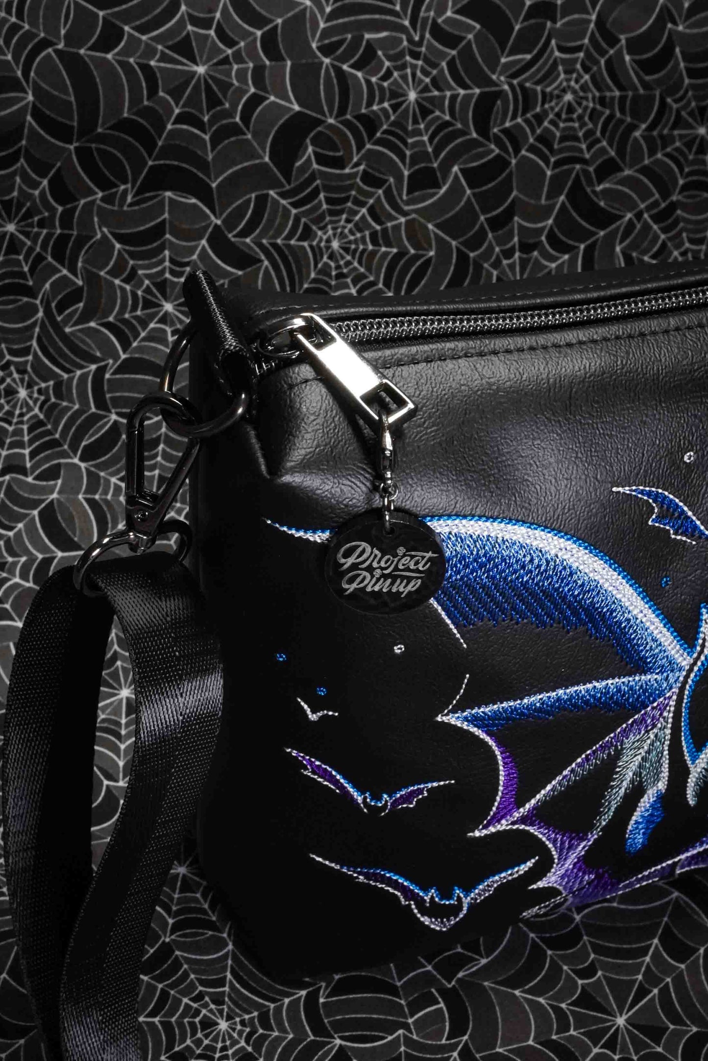 Purple and Blue Bats Black Medium Crossbody Bag - Gunmetal Hardware, Embroidered Purse, Vegan Leather