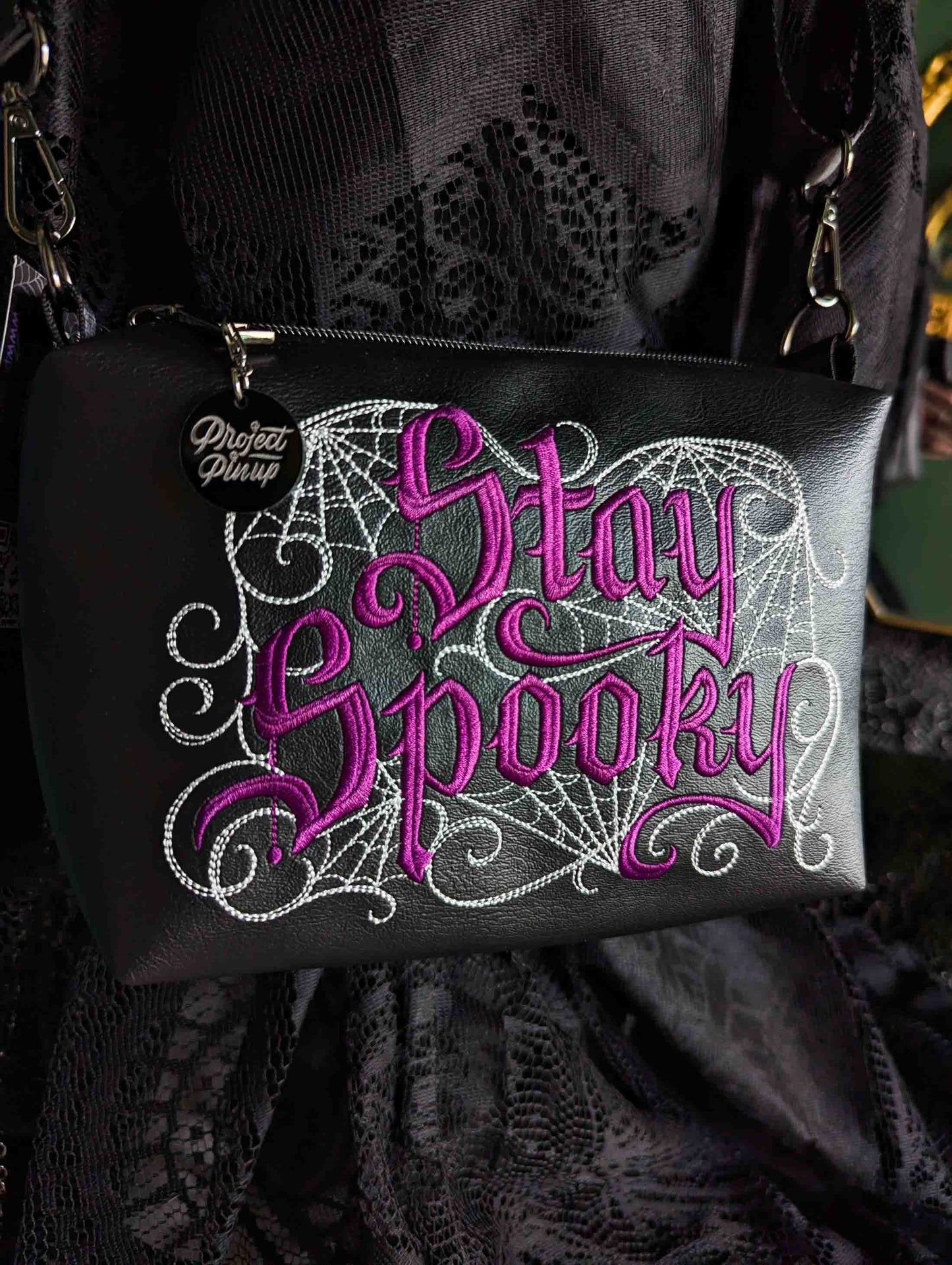Black and Wine Stay Spooky Embroidered Small Crossbody Bag –  Handmade, Vegan Leather, Gunmetal Hardware