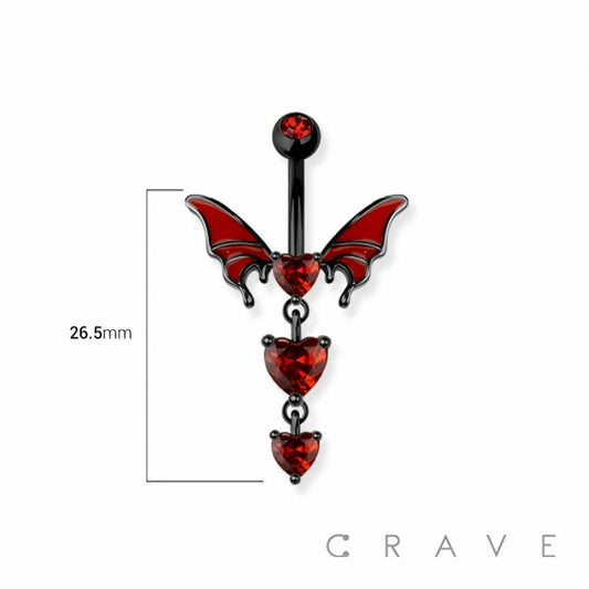 Red Bat Wings & Dangling Hearts Belly Button Ring – 14G