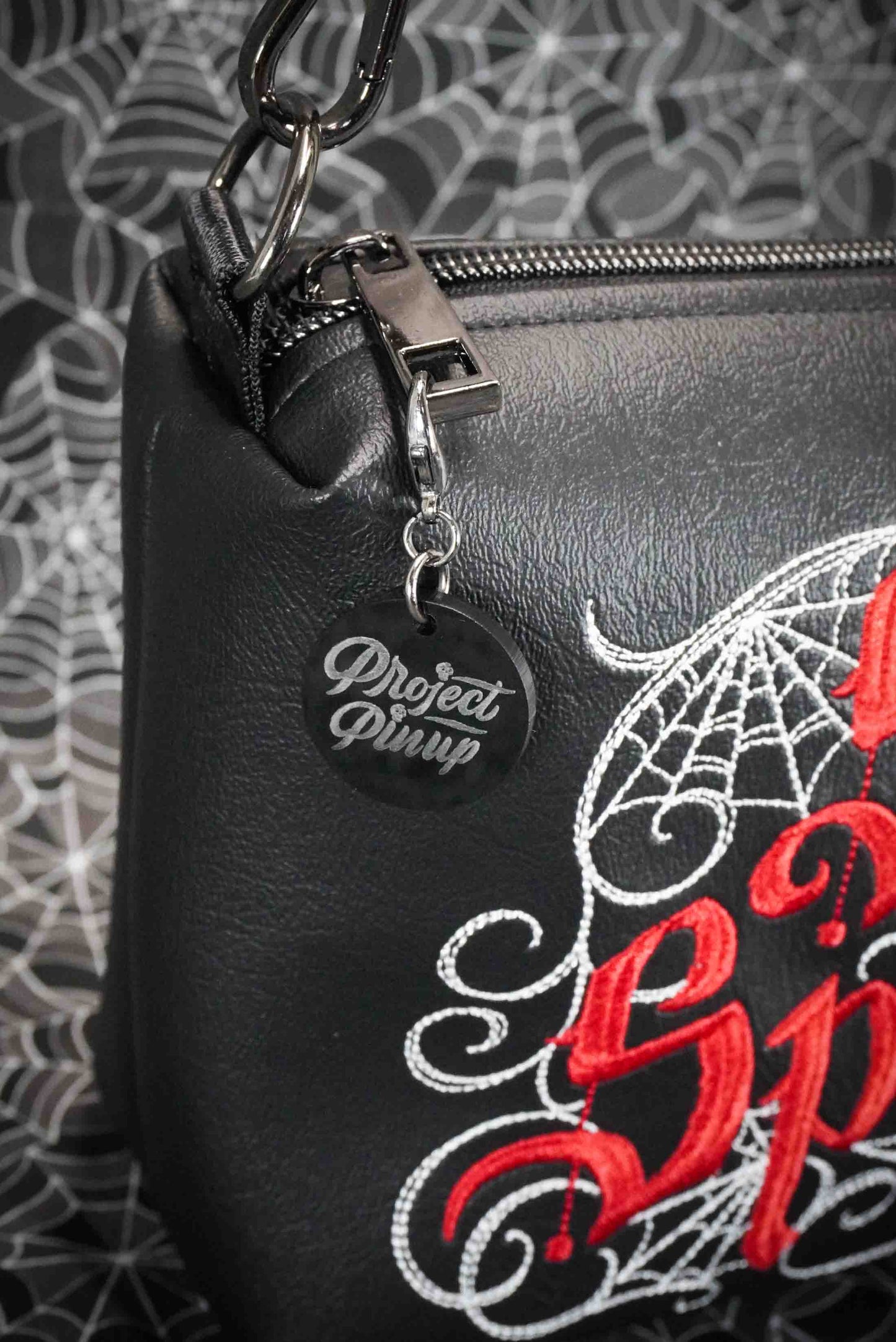 Black and Red Stay Spooky Embroidered Small Crossbody Bag –  Handmade, Vegan Leather, Gunmetal Hardware