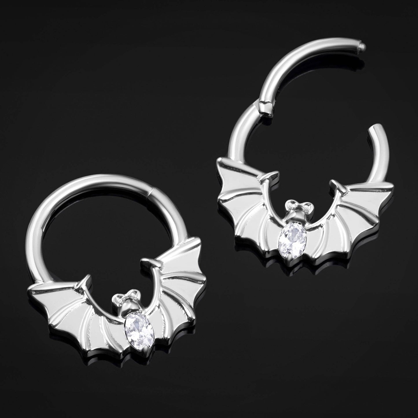 Silver Jewelled Bat ASTM F136 Titanium Segment Clicker Septum Nose Ring 1.2mm