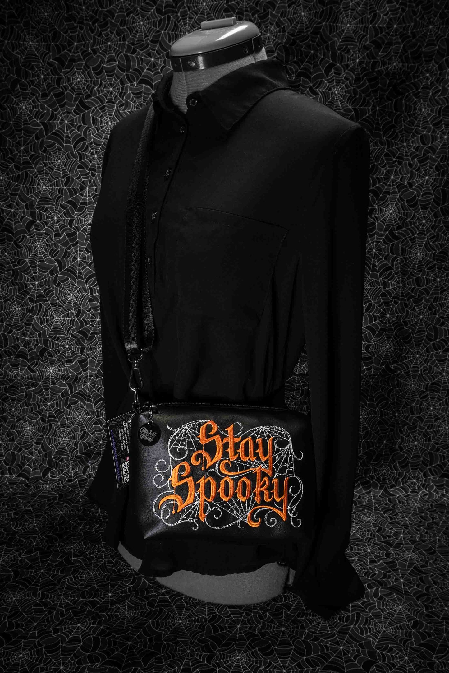 Black and Orange Stay Spooky Embroidered Small Crossbody Bag –  Handmade, Vegan Leather, Gunmetal Hardware