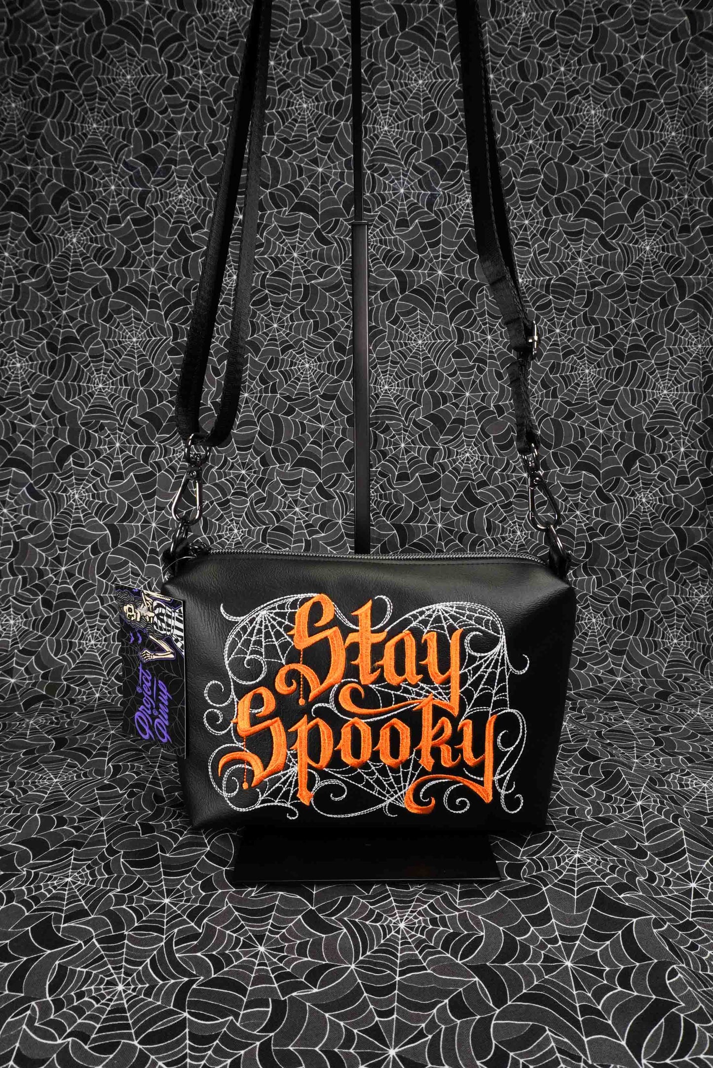 Black and Orange Stay Spooky Embroidered Small Crossbody Bag –  Handmade, Vegan Leather, Gunmetal Hardware
