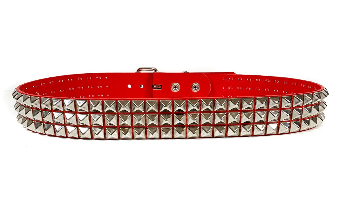 BT104M-RED MATTE 3 ROW 1/2" PYRAMID STUD VEGAN LEATHER BELT