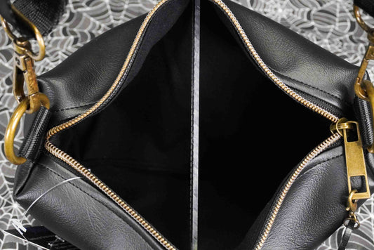 Black and Gold Celestial Cat Small Crossbody Bag – Handmade, Vegan Leather, Gold Embroidery, Brass Hardware