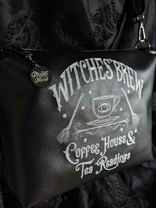 Witches Brew Coffee Black Medium Crossbody Bag - Gunmetal Hardware, Embroidered Purse, Vegan Leather