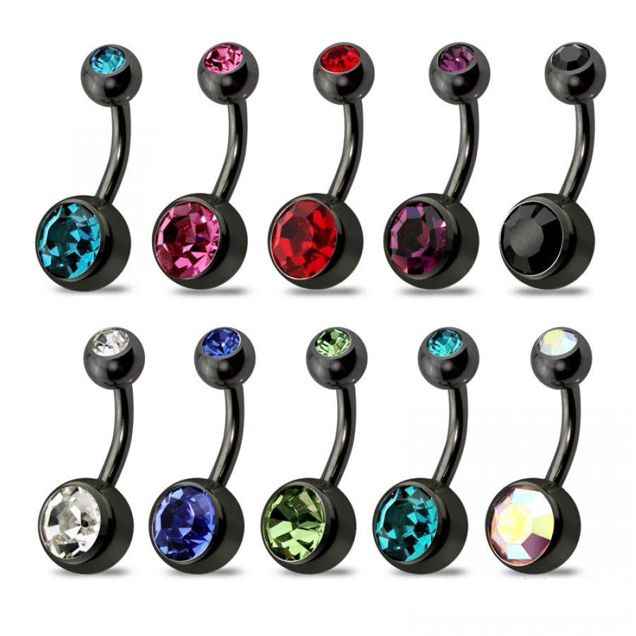 Black Surgical Steel Belly Button Ring with CZ Gem – 14G