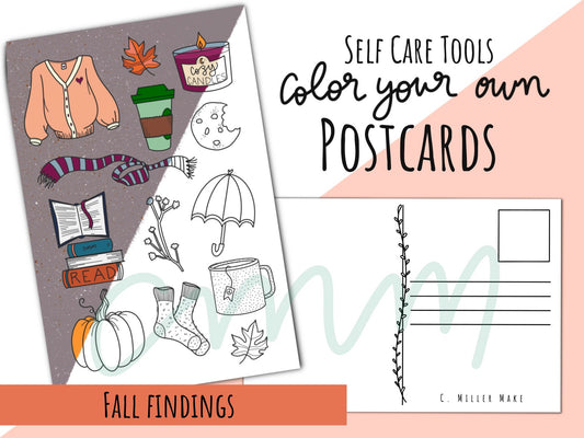 Fall Findings: Set of 4- Color Your Own Postcards- Adult Coloring Pages - Fall Autumn Theme