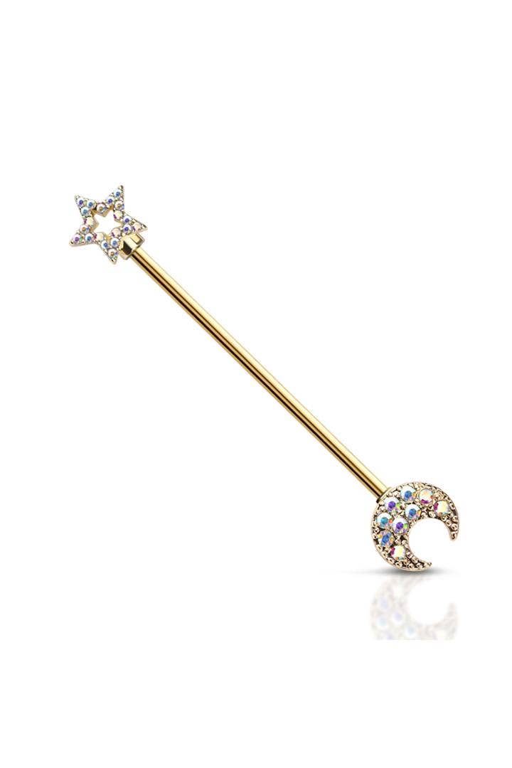 STAR & MOON ENDS 316L SURGICAL STEEL INDUSTRIAL BARBELL