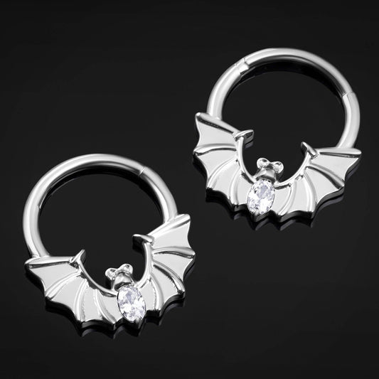 Silver Jewelled Bat ASTM F136 Titanium Segment Clicker Septum Nose Ring 1.2mm