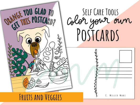 Fruits and Veggies: Set of 4 Color Your Own Postcards- Self Care Tools Adult Coloring & Meditation Gift