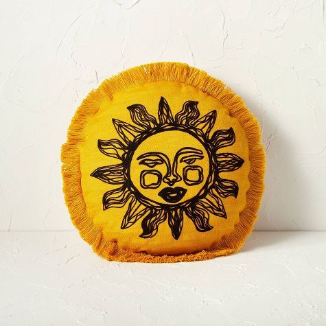 Round Embroidered Sun Fringe Decorative Throw Pillow Gold