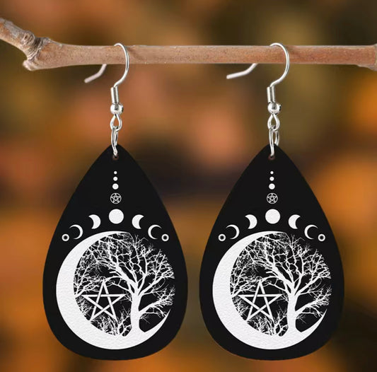 Black & White Moon Phase Witchy Leatherette Earrings