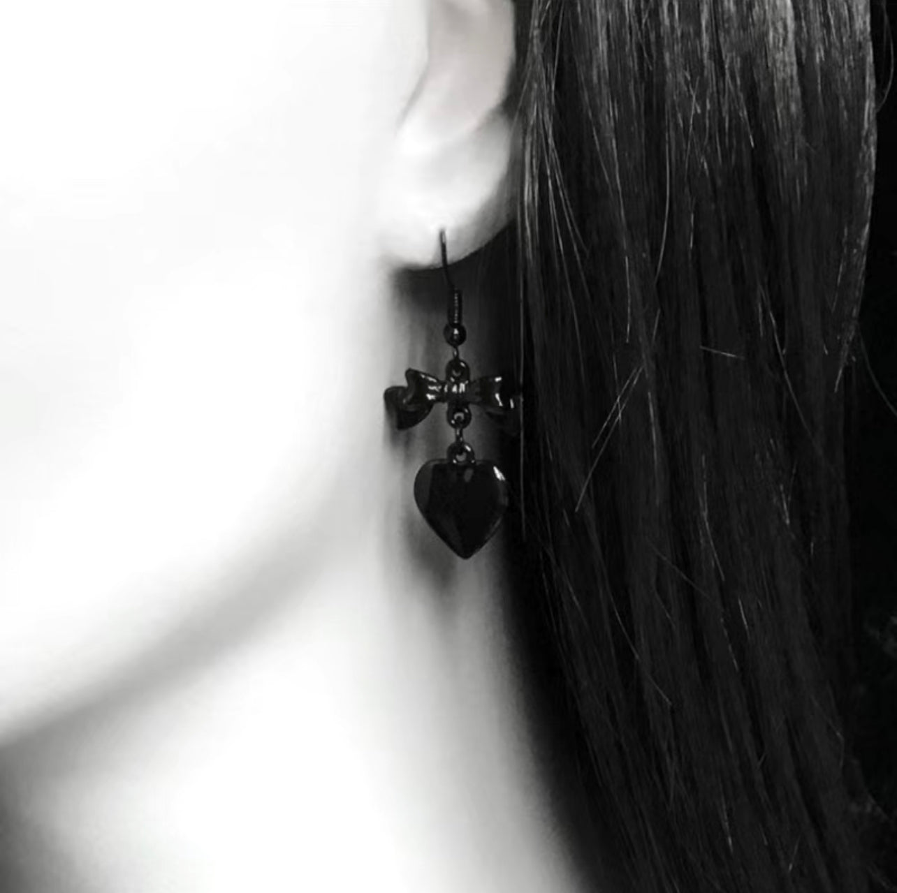 Black Gothic Bow Heart Dangle Earrings