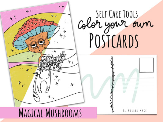 Magical Mushrooms: Set of 4 Color Your Own Postcards- Self Care Tools Adult Coloring & Meditation- 4 Unique Designs